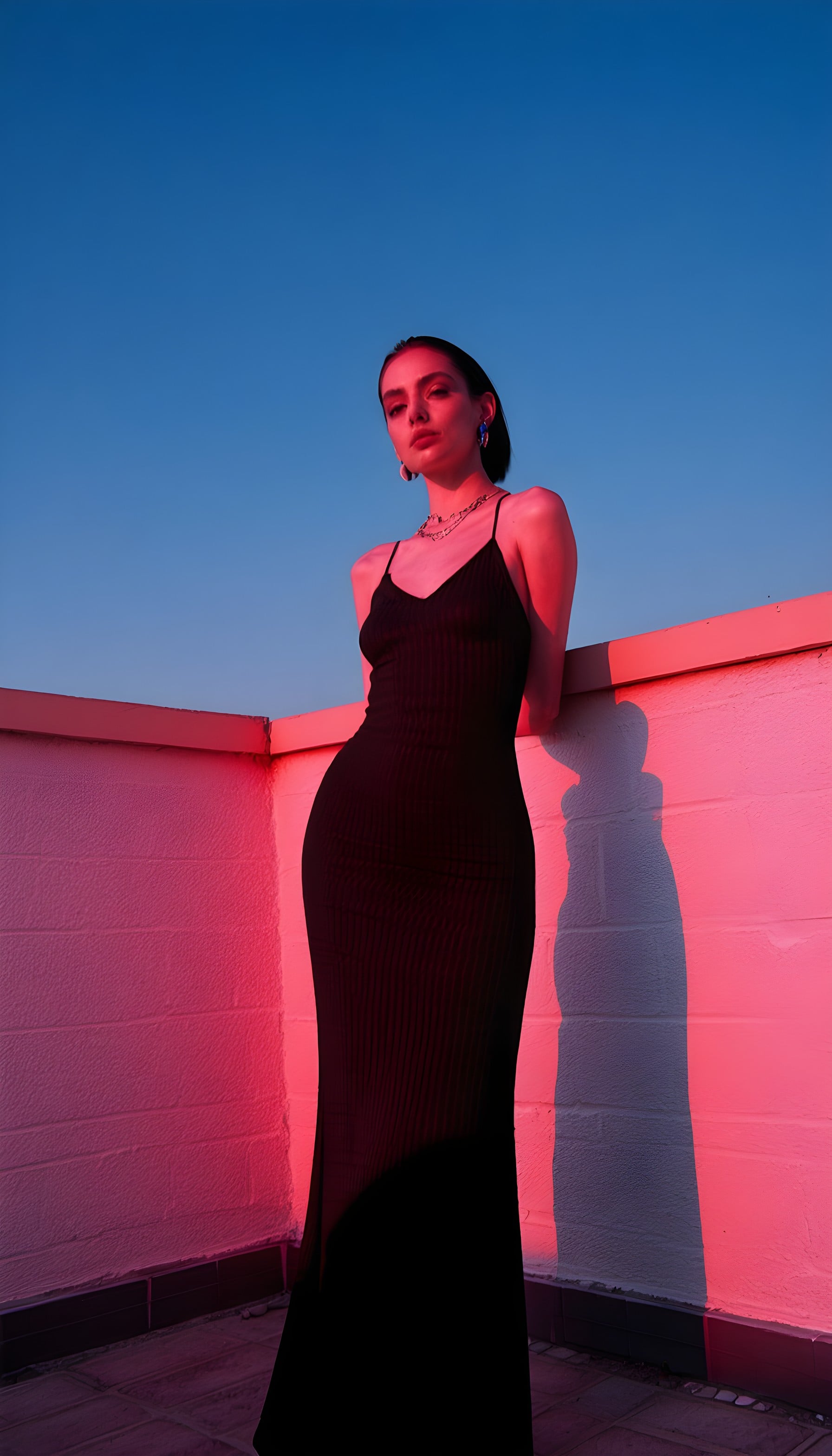 Stylish Woman in Red Light & Blue Sky Aesthetic, woman, fashion, aesthetic, red light, blue sky, black dress