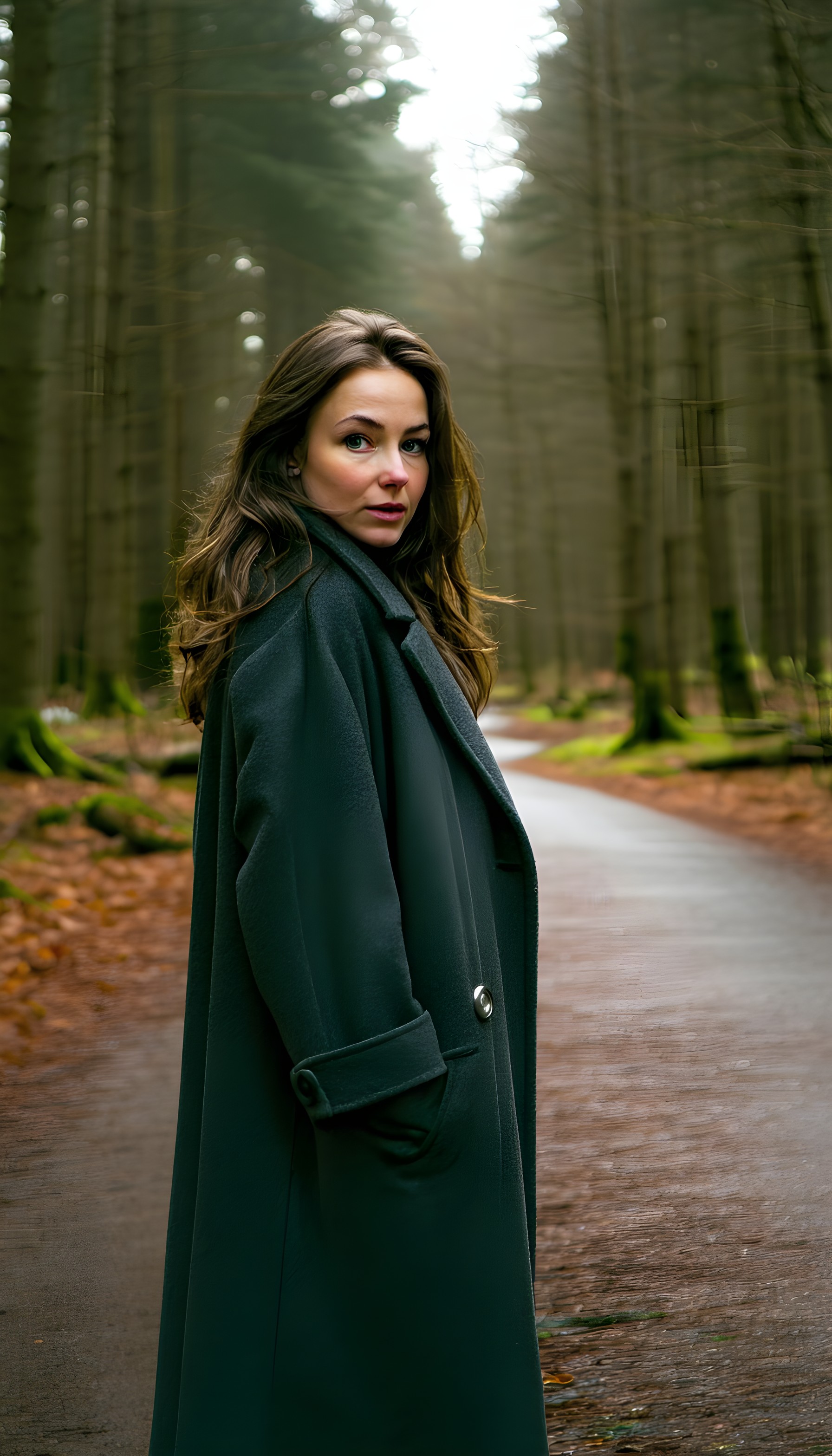 Elegant Woman Forest Path Dark Coat Aesthetic Wallpaper, woman, forest path, long coat, dark green, moody portrait, elegant