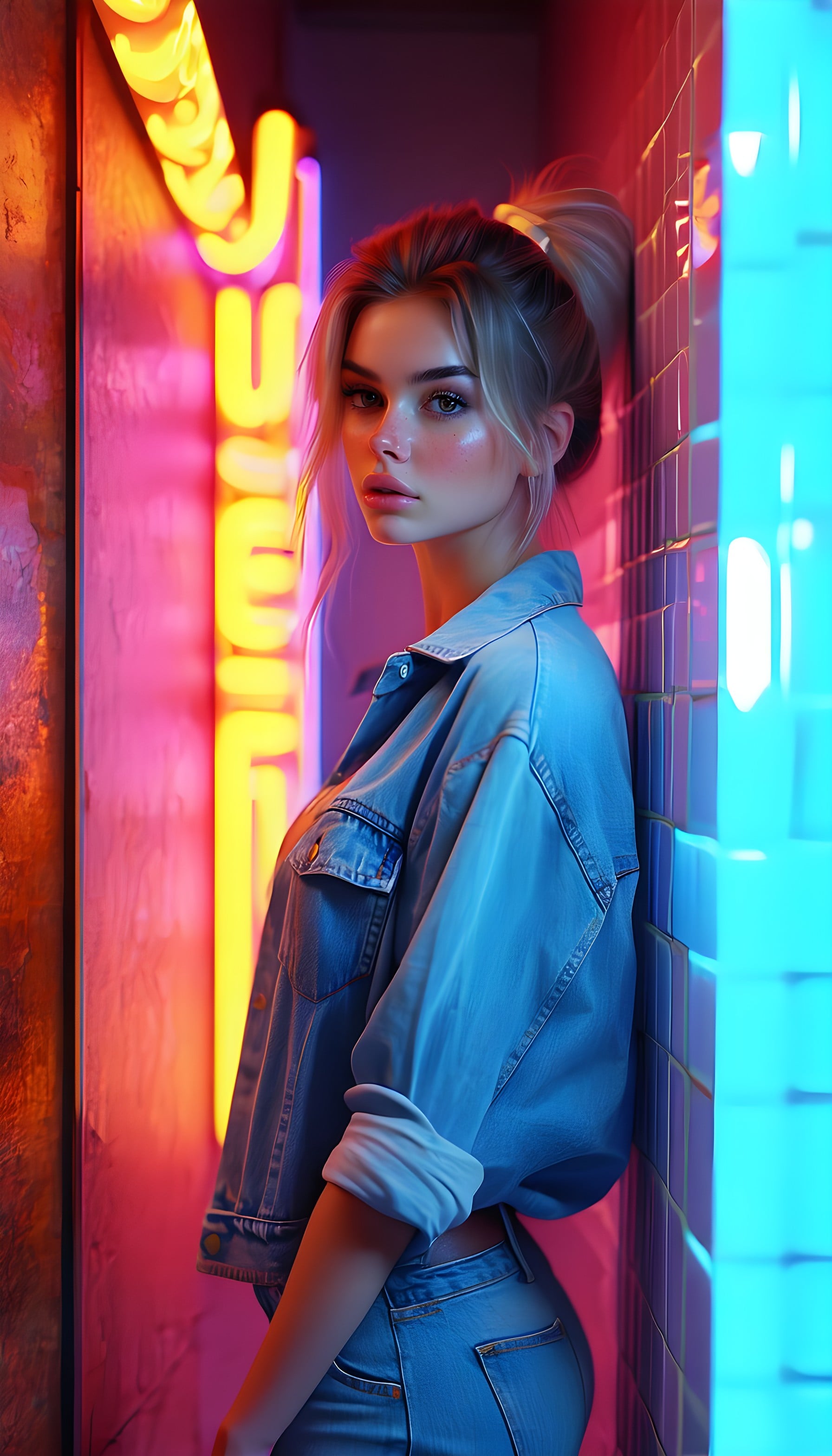 Stylish Urban Girl in Neon Glow Denim Wallpaper, neon, cyberpunk, urban girl, stylish, vibrant, denim