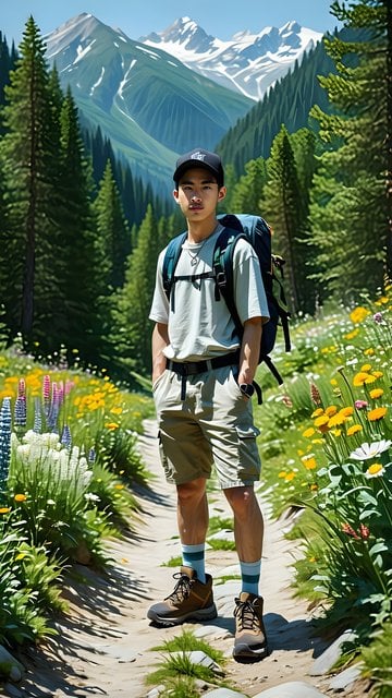 Young Hiker in Vibrant Mountain Wilderness