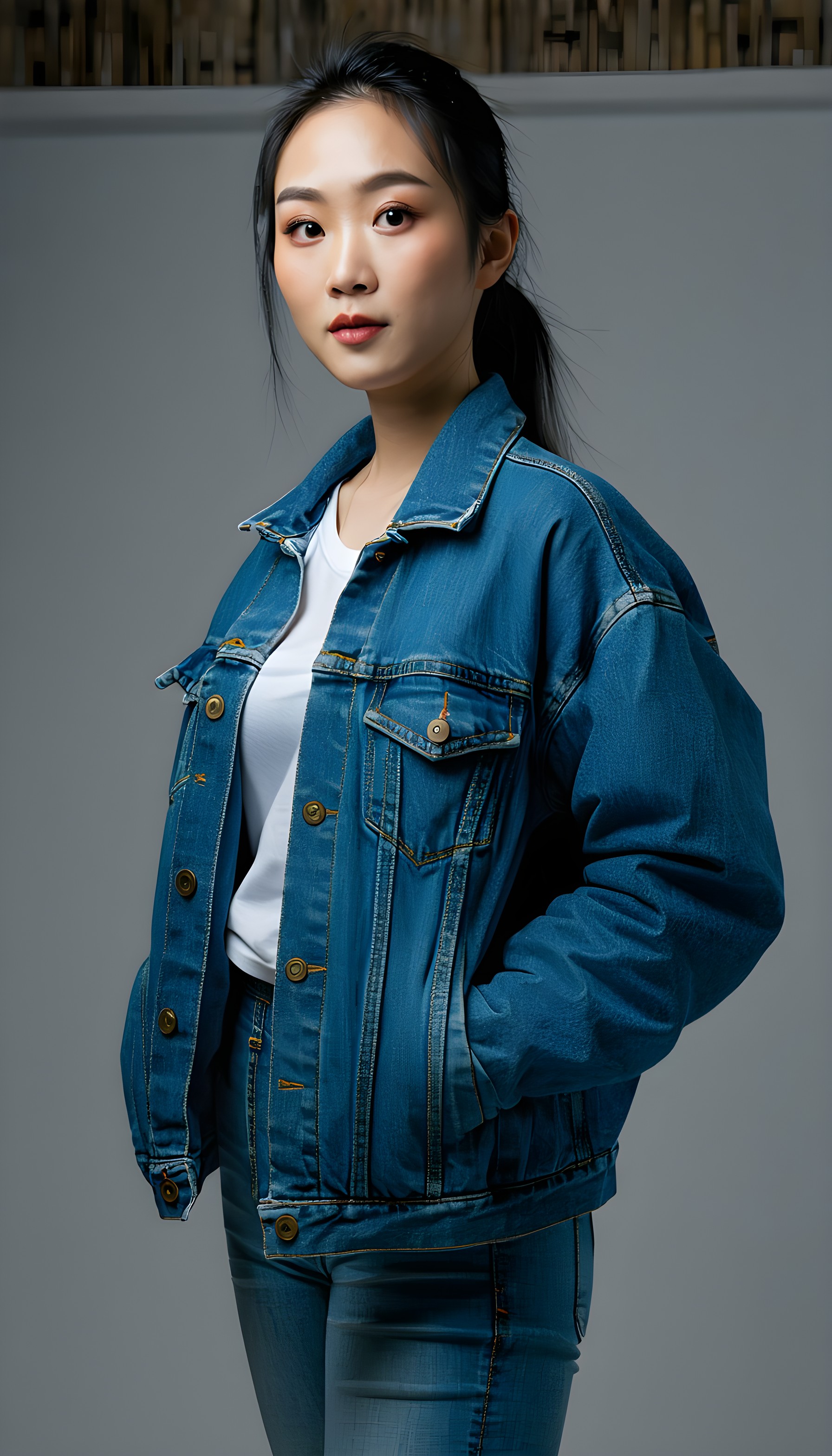 Stylish Young Asian Woman in Denim Jacket Portrait, young woman, asian, denim jacket, casual style, modern fashion, portrait