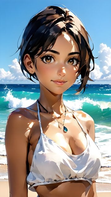 Anime Girl on Sunny Beach - Vibrant Ocean Wallpaper