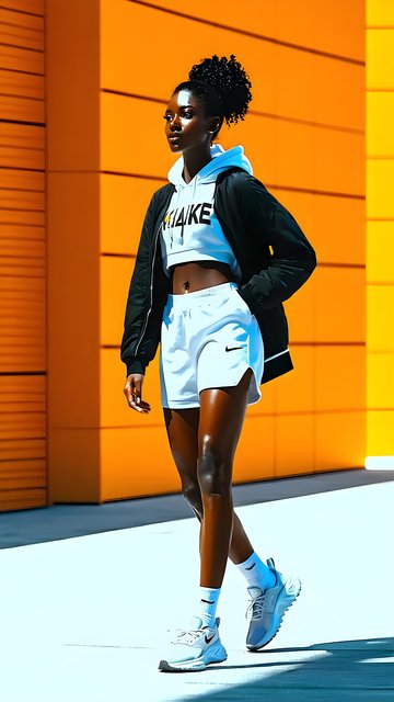 Confident Woman in Athleisure, Vibrant Orange Urban Wall