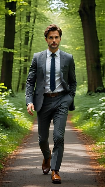 Stylish Man in Suit Walking Forest Path Wallpaper