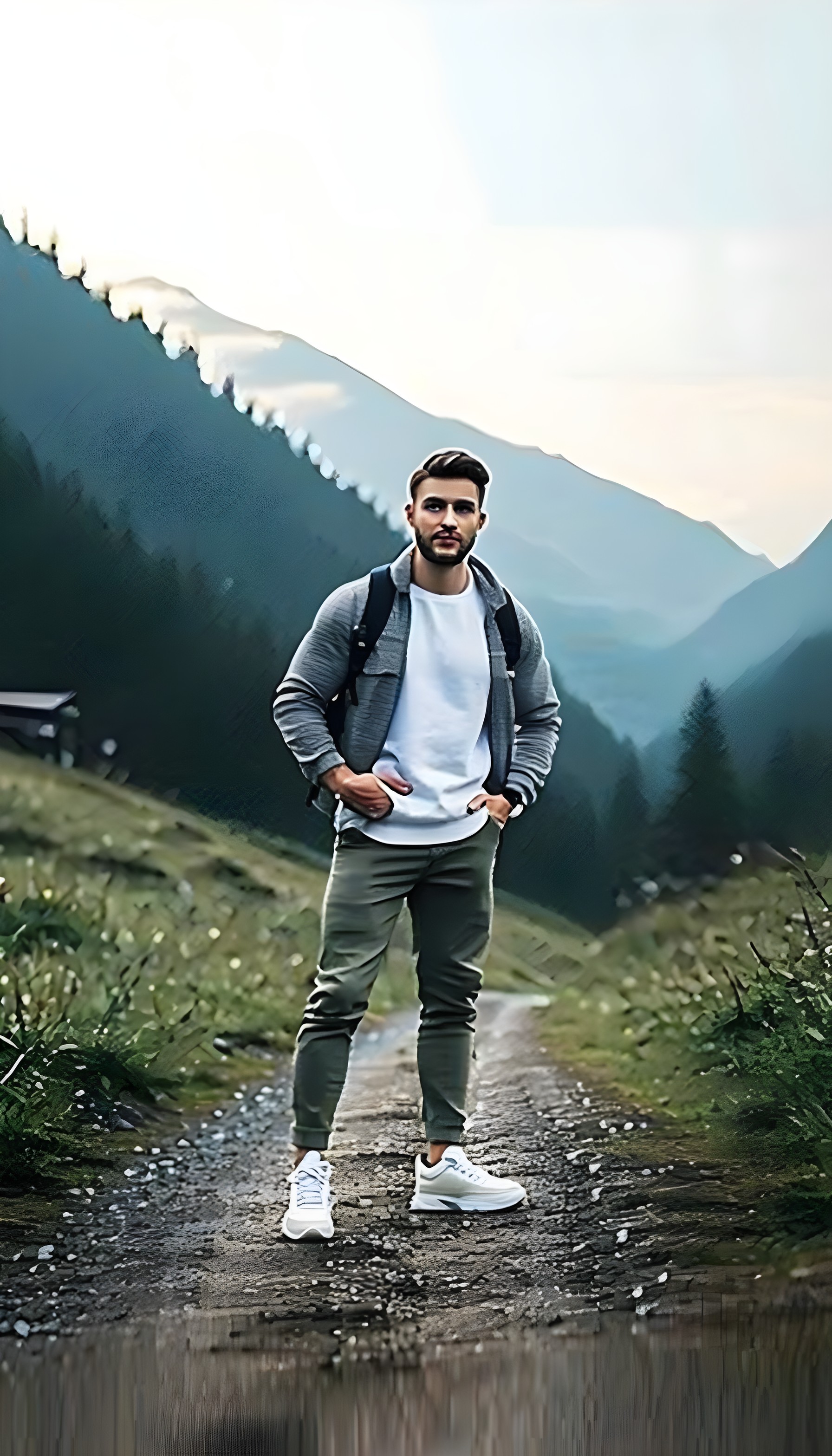 Stylish Hiker Mountain Valley Aesthetic Wallpaper, man, hiker, mountains, valley, nature, outdoors