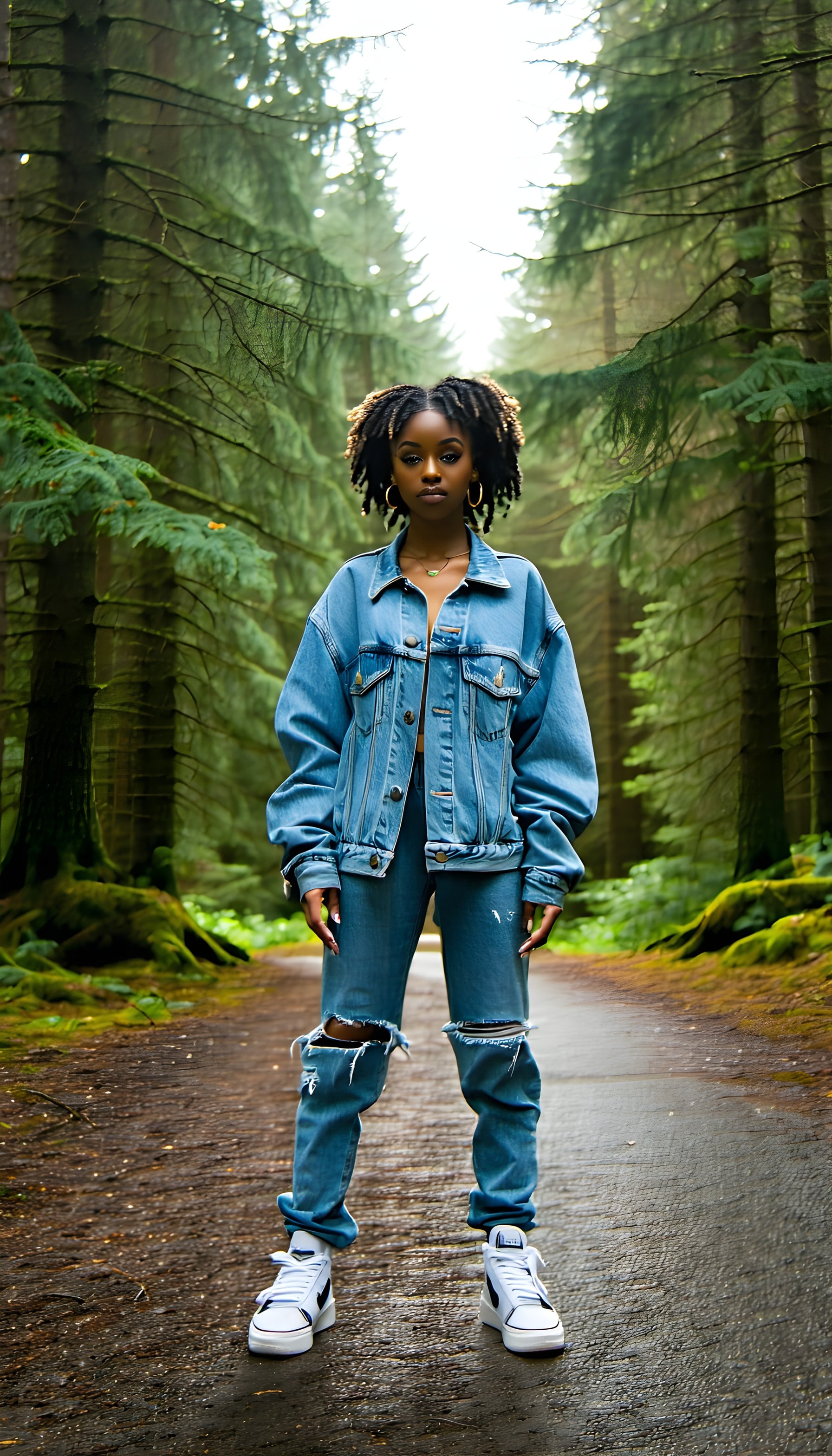 Fashionable Woman in Denim on Forest Path Wallpaper, fashion woman, denim style, forest path, nature, urban chic, dreadlocks