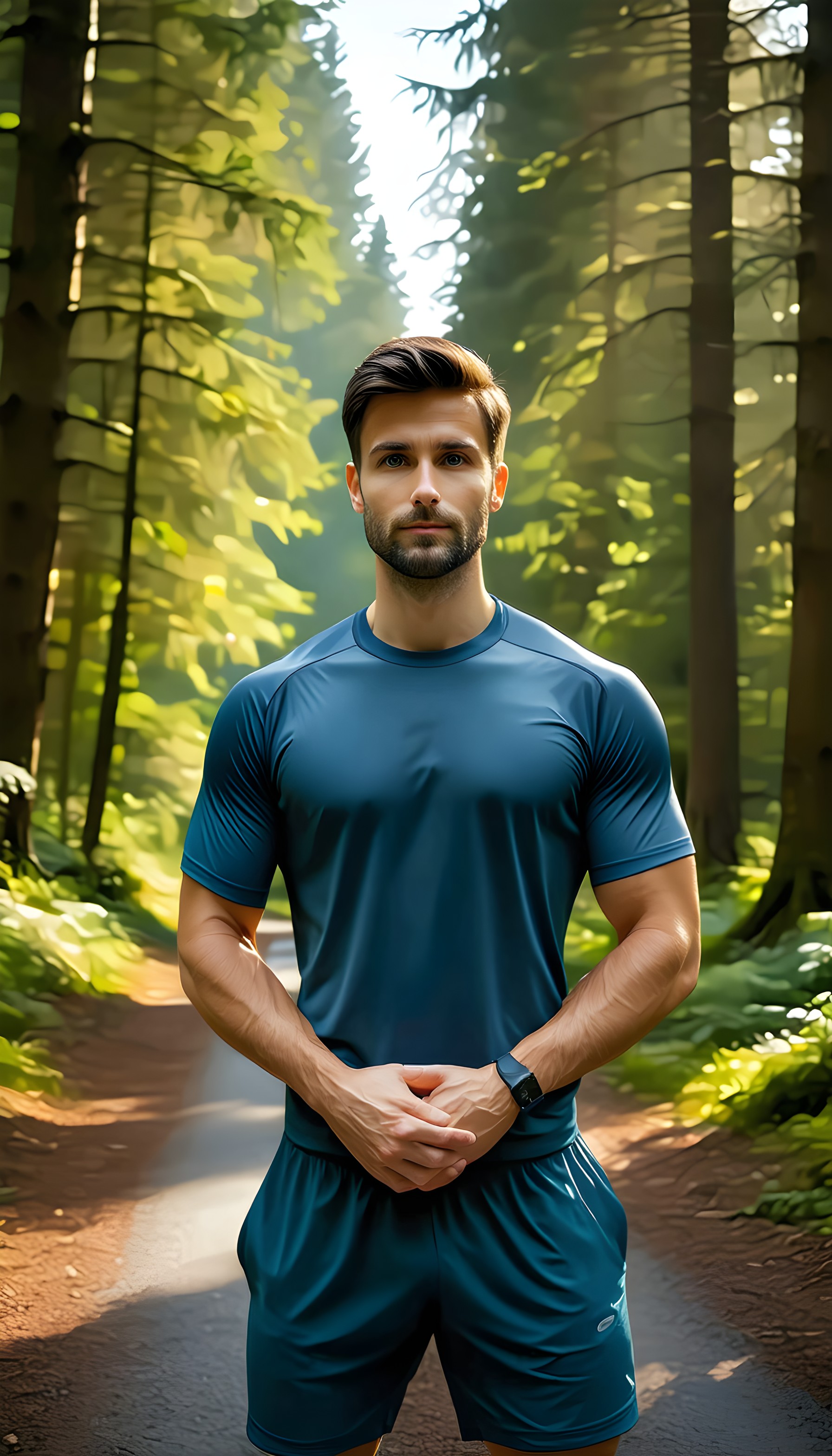 Confident Athlete on Forest Path Wallpaper, athlete, fitness, forest path, nature, green trees, blue outfit