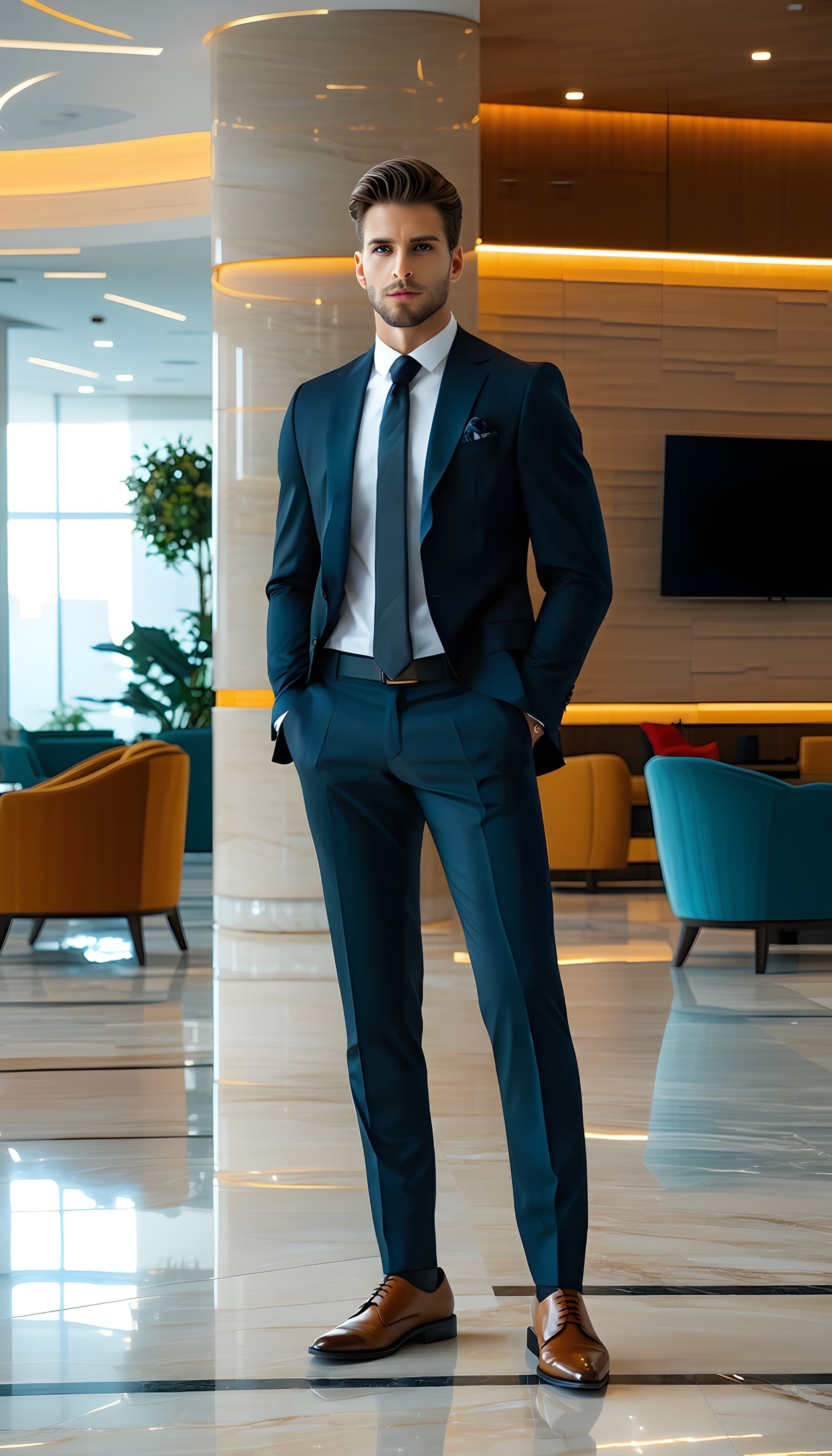 Sharp Suited Man in Luxurious Modern Lobby, businessman, suit, navy blue, elegant, modern, luxury