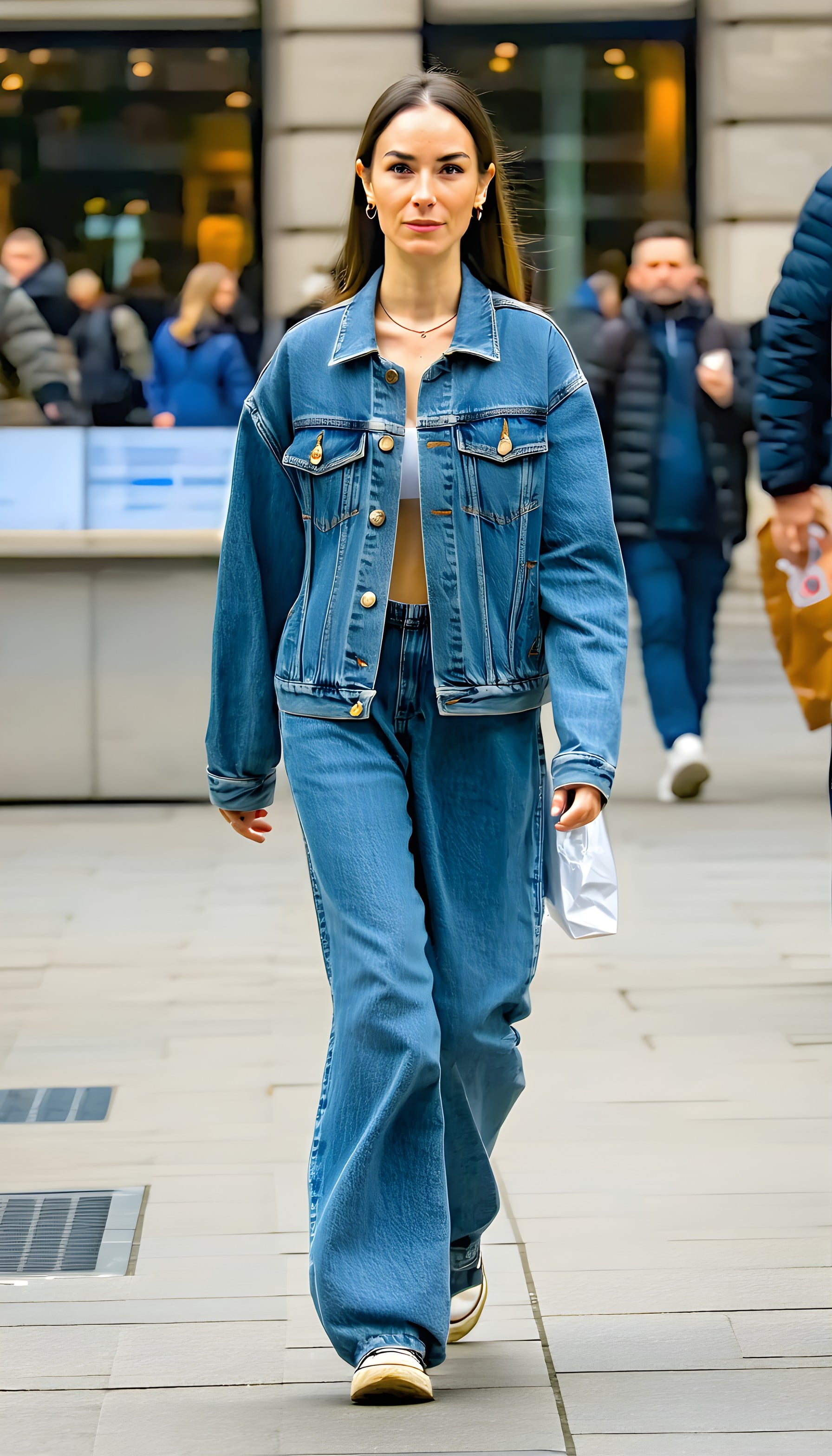 Chic Urban Denim Street Style Woman Wallpaper, denim street style, urban fashion, woman, blue jeans, denim jacket, casual chic