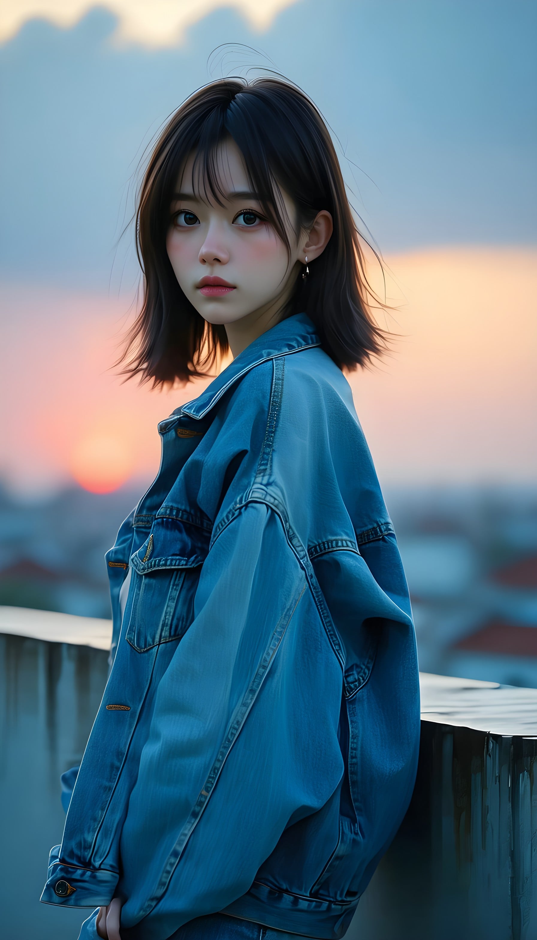 Dreamy Girl in Denim Jacket, Sunset Cityscape, aesthetic girl, denim jacket, sunset city, asian woman, serene, soft focus