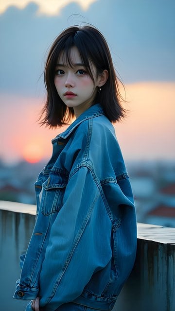 Dreamy Girl in Denim Jacket, Sunset Cityscape