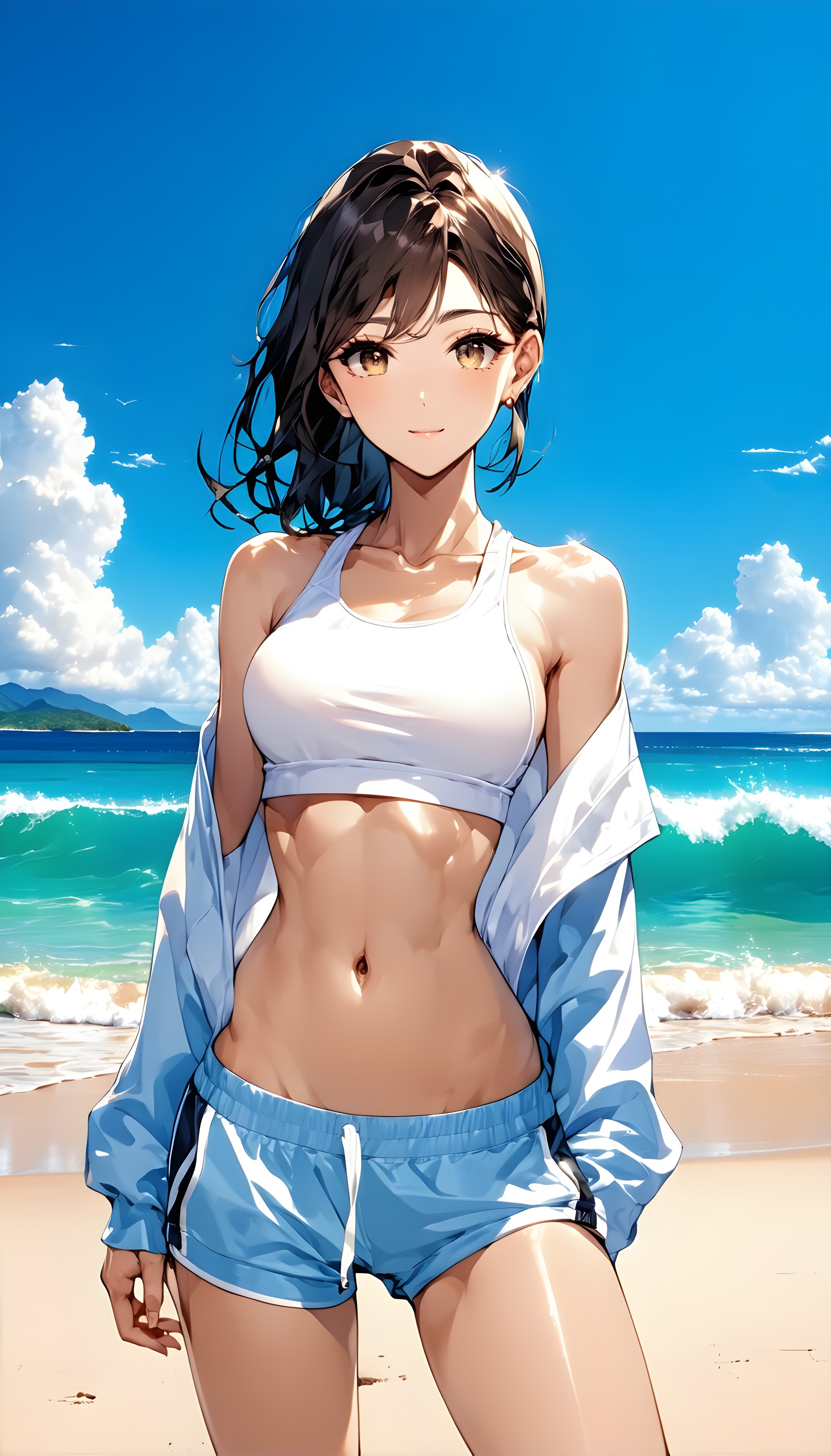 Vibrant Anime Girl on Sunny Tropical Beach, anime girl, beach, summer, ocean, blue sky, cartoon
