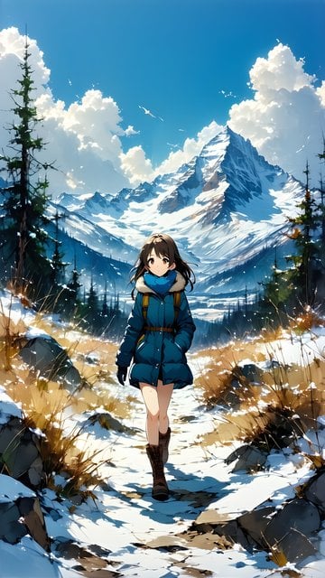 Anime Girl Winter Mountain Adventure Wallpaper