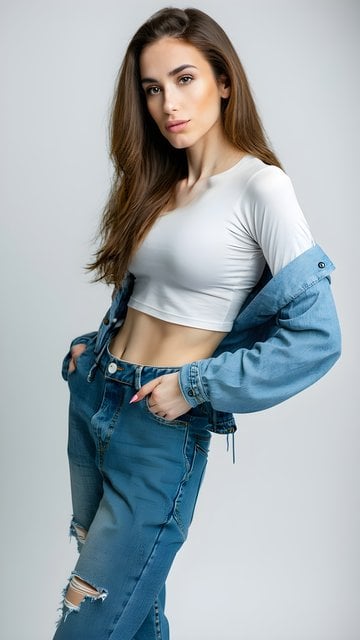 Stylish Woman in Denim Outfit Studio Portrait