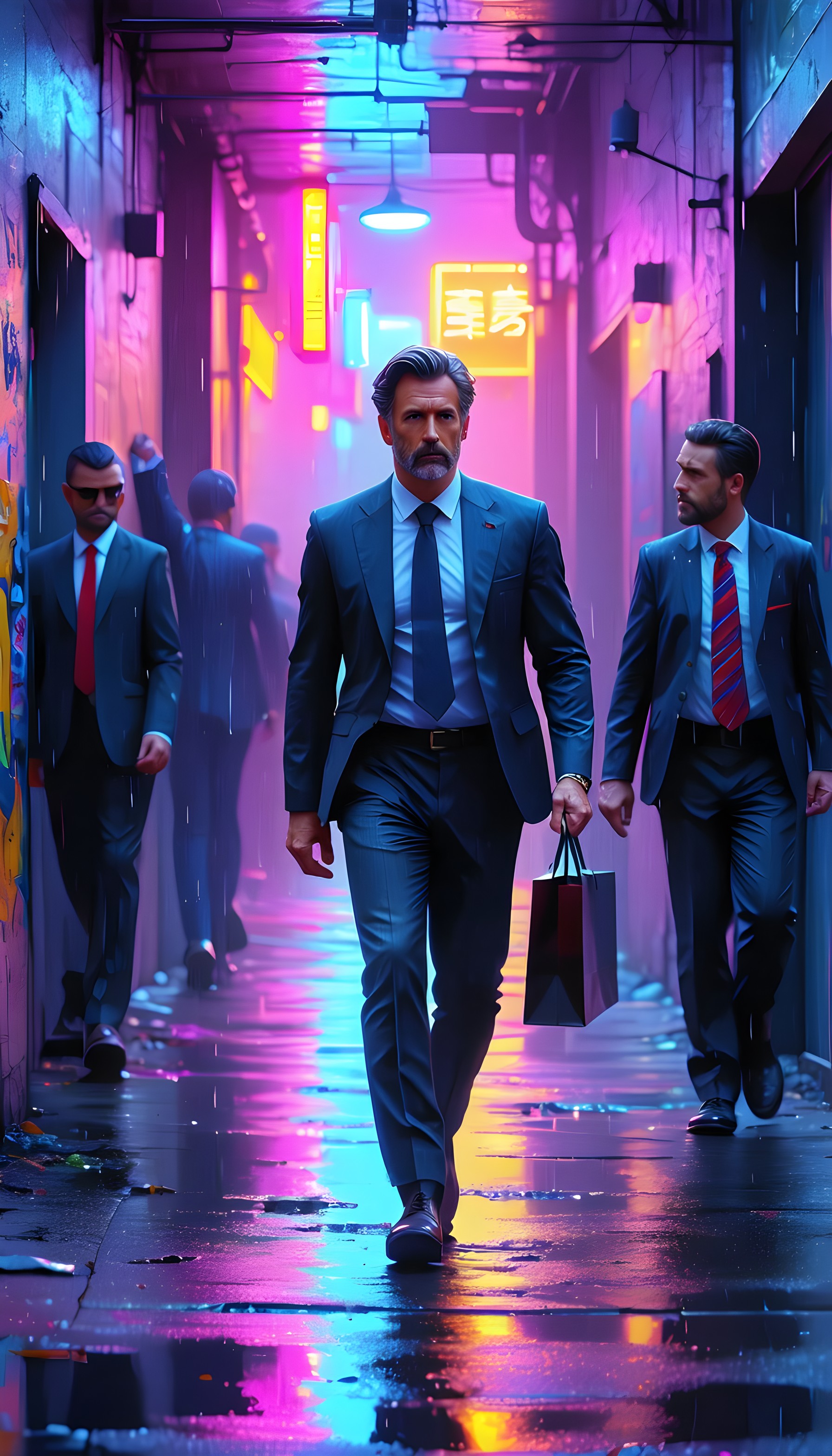 Cyberpunk Neon Alley Walk: Businessmen in Rain, cyberpunk, neon, city alley, rainy, futuristic, businessman