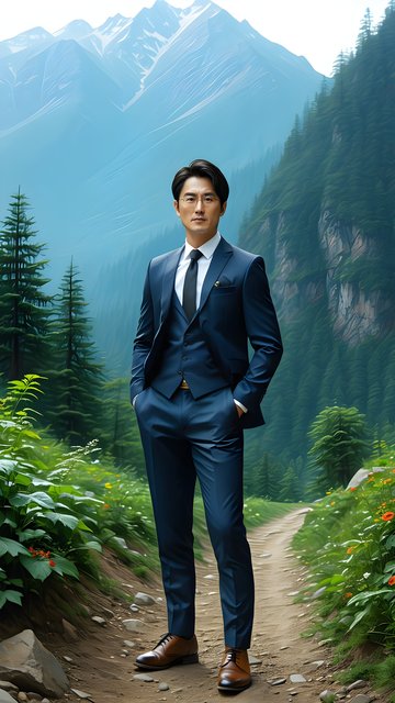 Professional Man in Suit on Forest Mountain Path