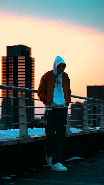 Urban Sunset Man in Hoodie Aesthetic Cityscape