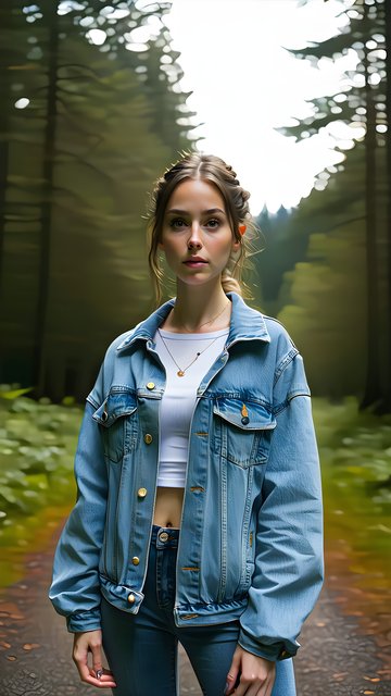 Stylish Woman Forest Path Denim Aesthetic Wallpaper