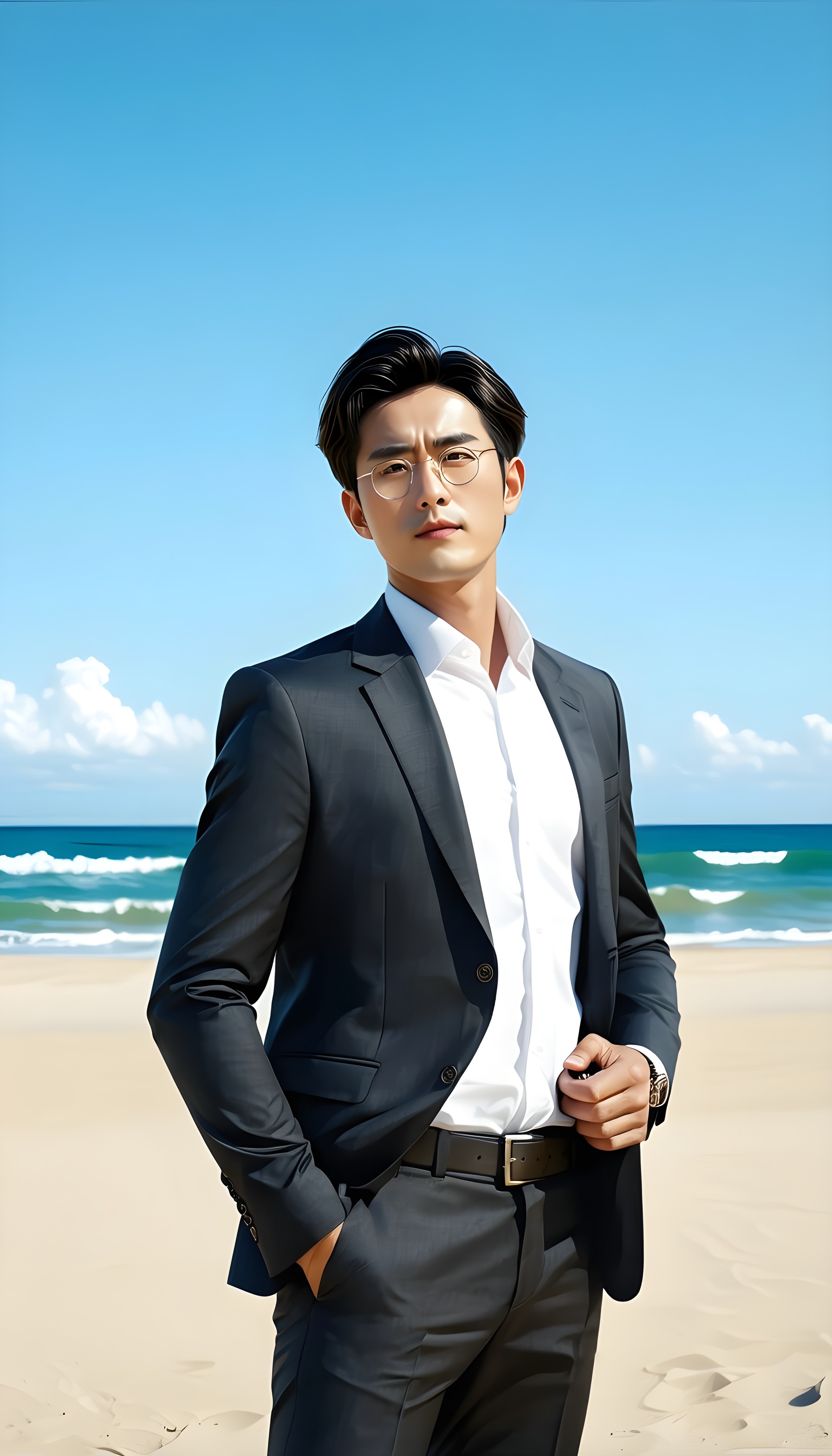 Stylish Man in Suit on Sunny Beach Background, man, suit, beach, ocean, professional, stylish
