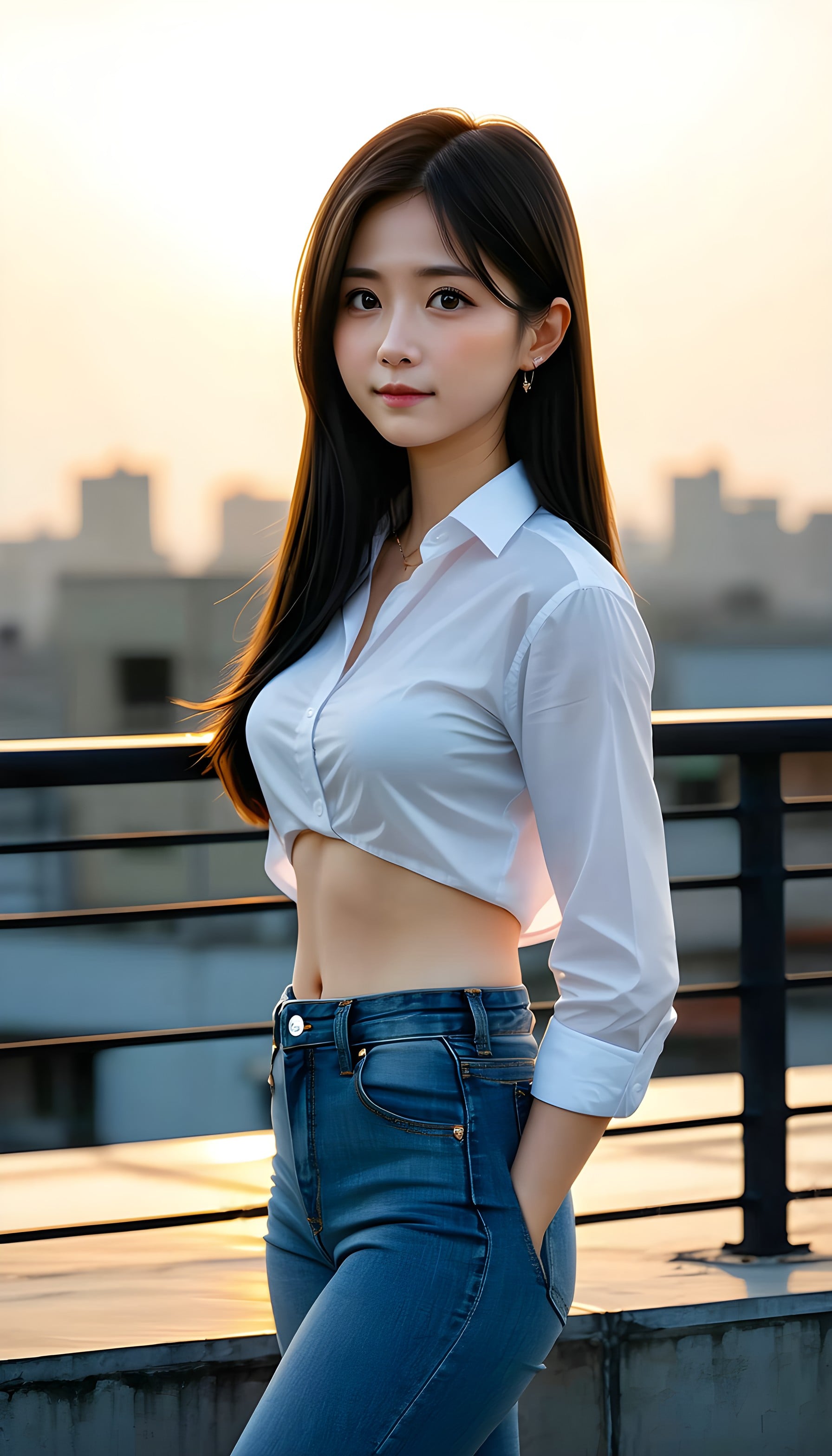 Asian Woman Rooftop Golden Hour Skyline Wallpaper, asian woman, rooftop, golden hour, city skyline, urban chic, modern aesthetic