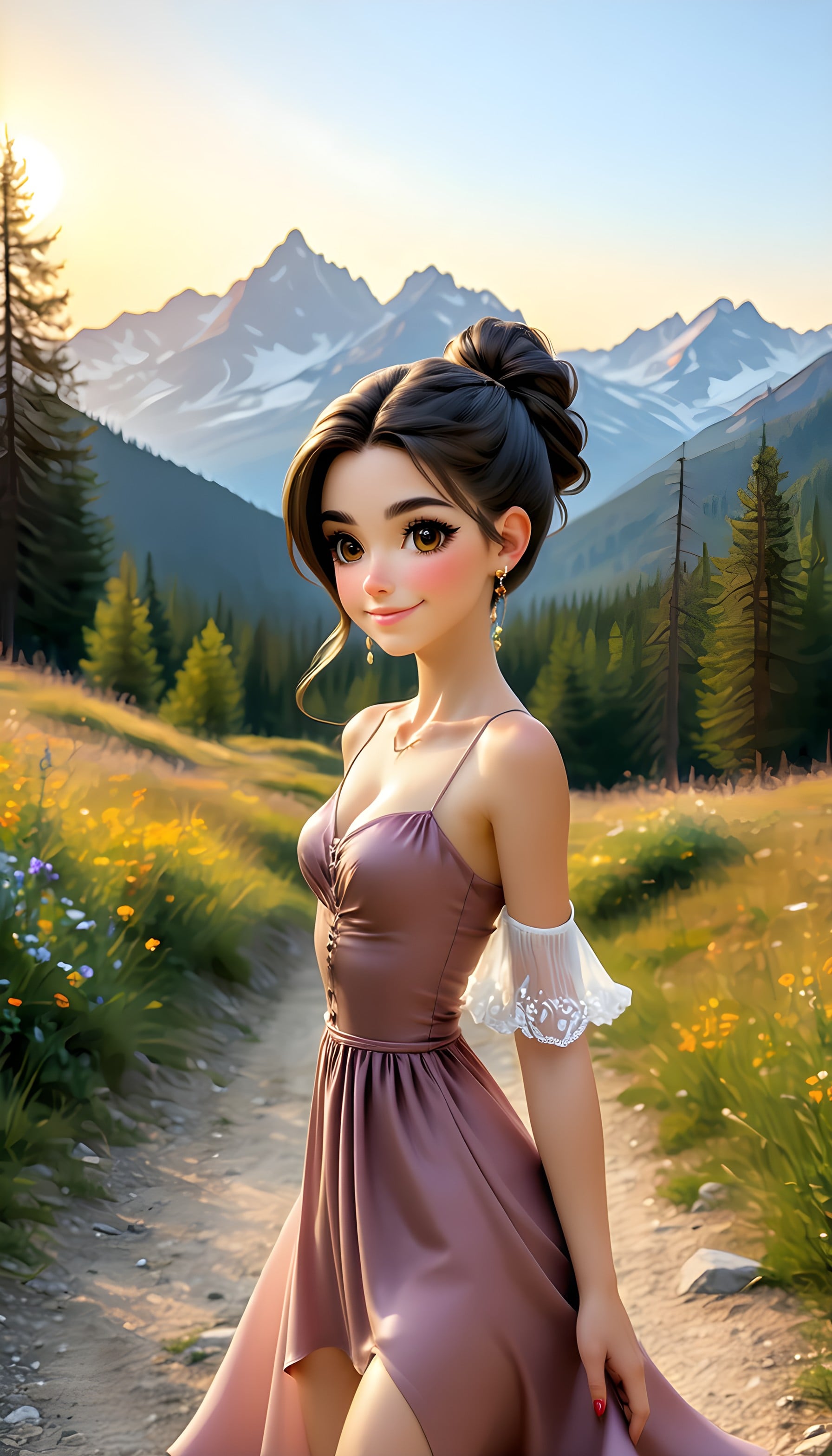 Enchanted Anime Girl in Golden Hour Mountain Meadow, anime girl, fantasy, mountains, meadow, wildflowers, golden hour