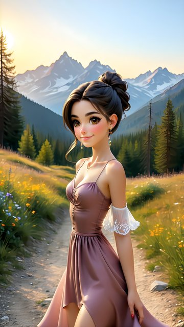 Enchanted Anime Girl in Golden Hour Mountain Meadow
