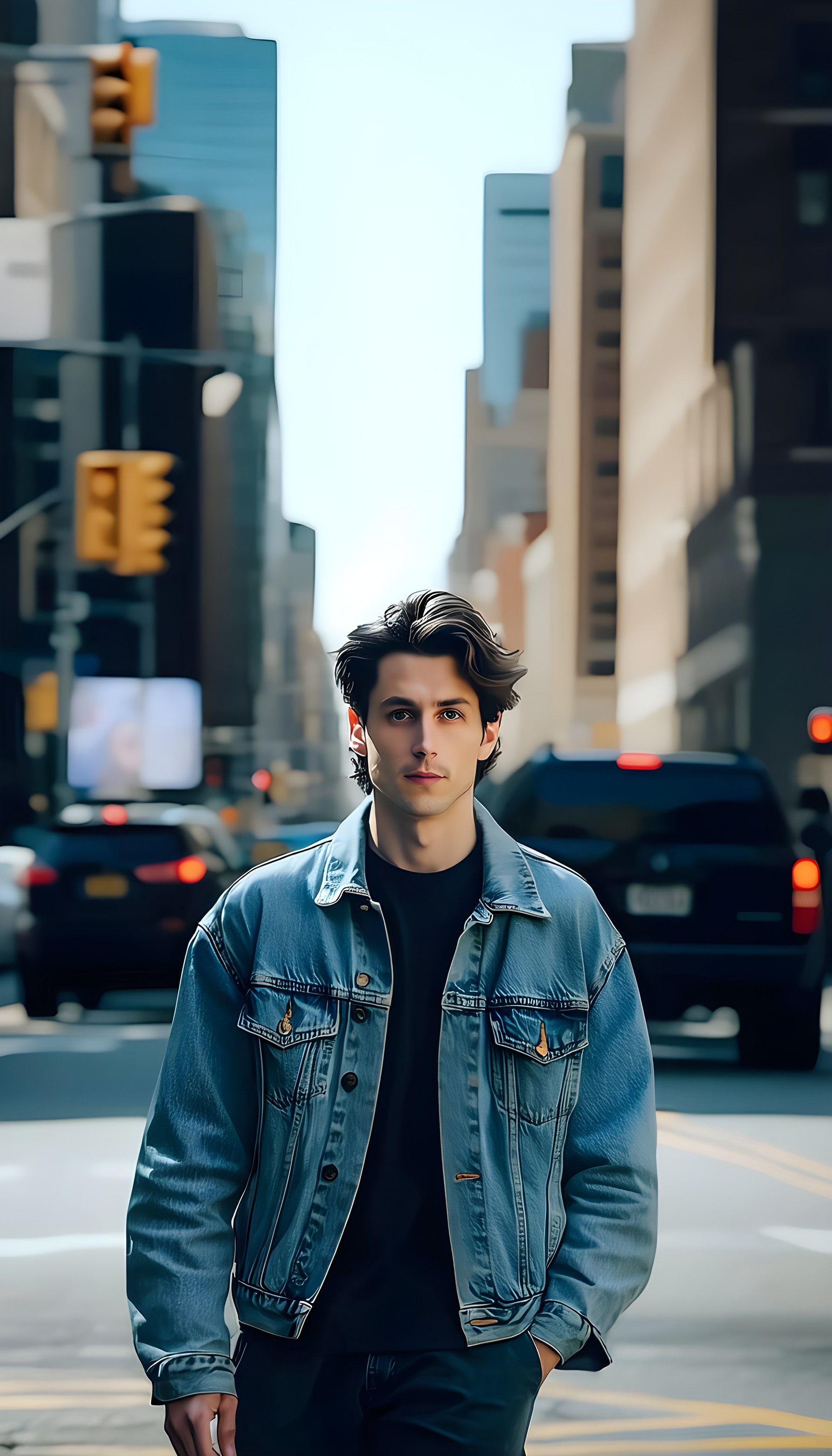 Stylish Man in Denim Jacket on Sunny City Street, man, denim jacket, city street, urban fashion, casual, modern