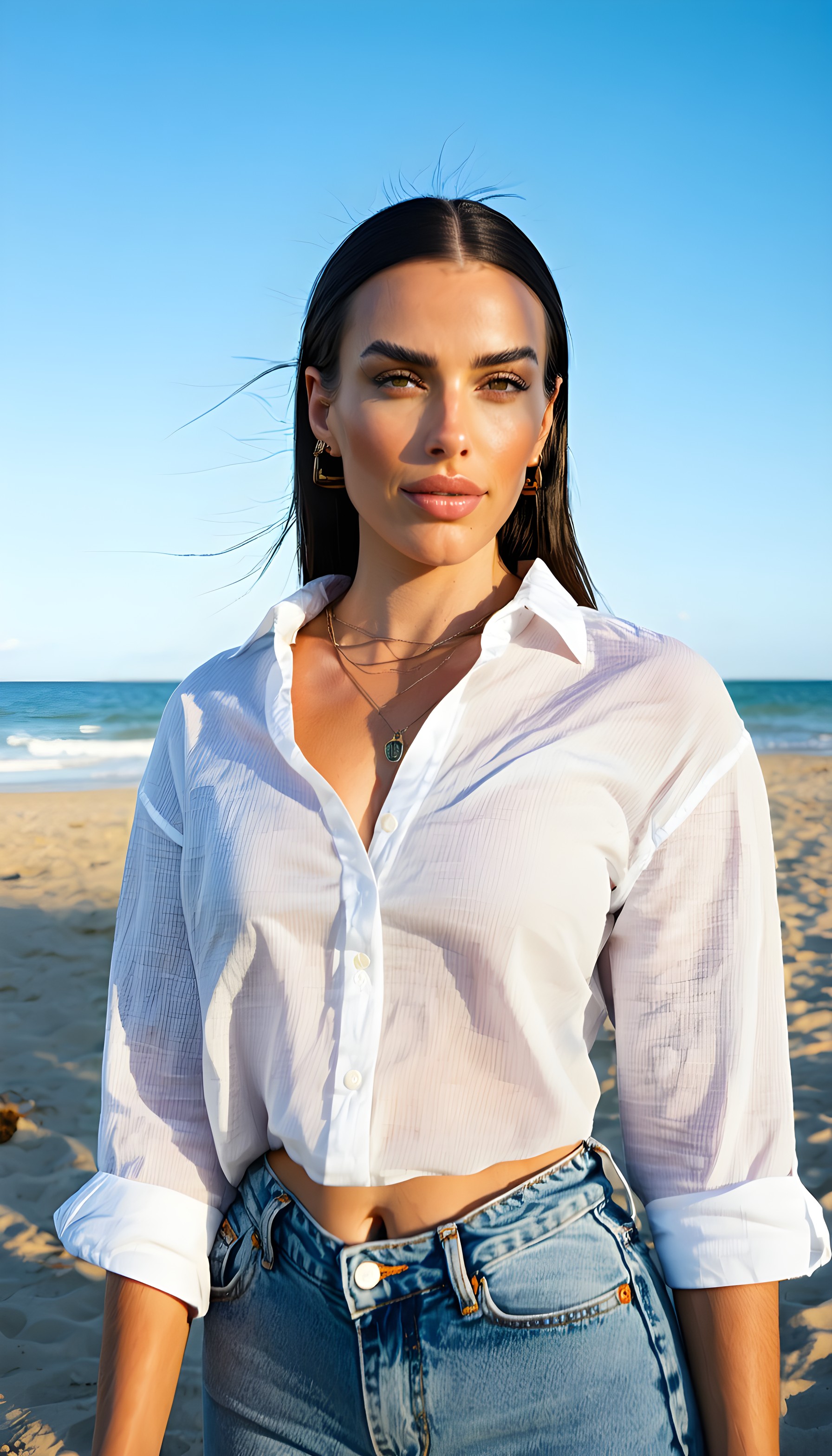 Confident Woman Beach Portrait Under Blue Sky, woman, beach, summer, portrait, fashion, blue sky
