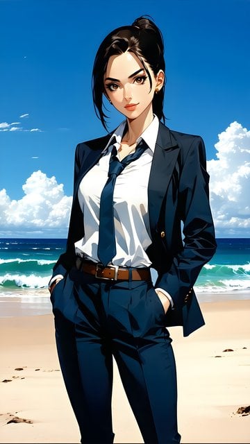 Anime Businesswoman on Sunny Beach Wallpaper