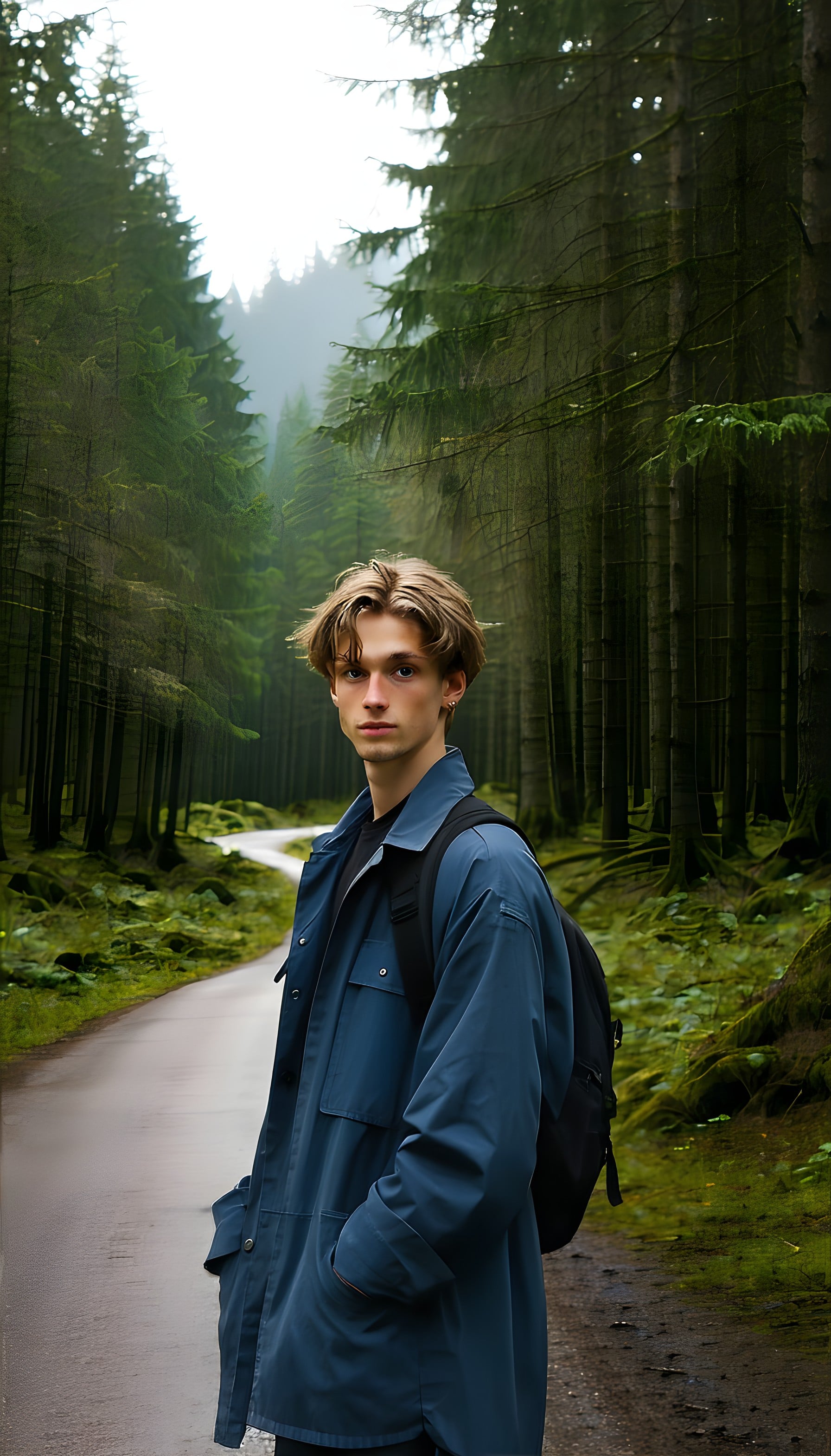Forest Adventure: Young Man on Misty Woods Path, young man, forest, misty woods, nature, serene, blue jacket