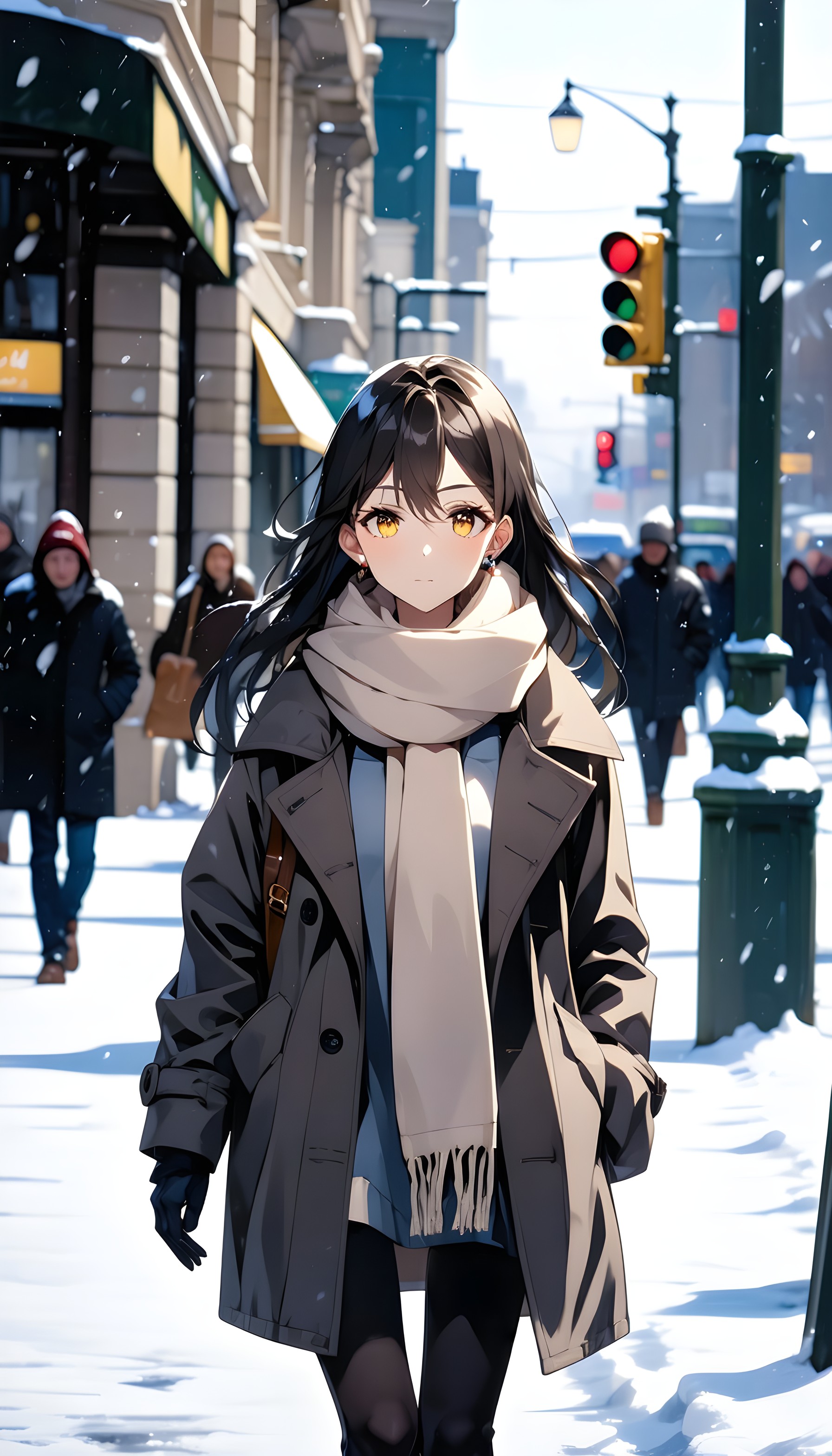 Anime Girl Snowy City Street Aesthetic Wallpaper, anime girl, winter city, snowy street, cozy fashion, aesthetic wallpaper, kawaii art