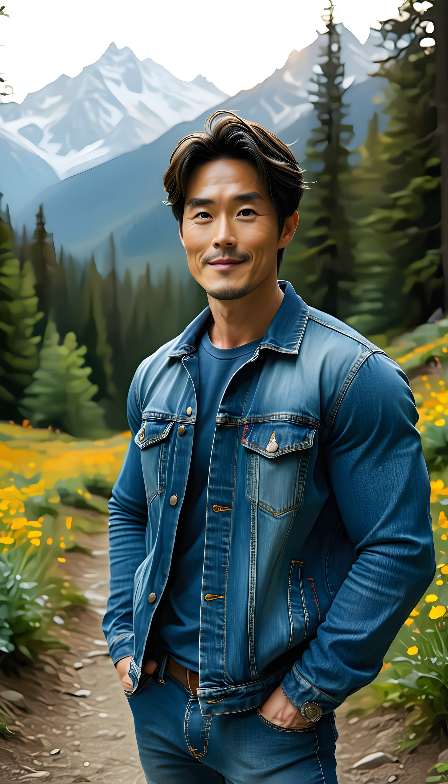 Smiling Man in Denim, Mountain Wildflower Landscape, handsome man, denim jacket, mountain landscape, wildflowers, nature, blue green