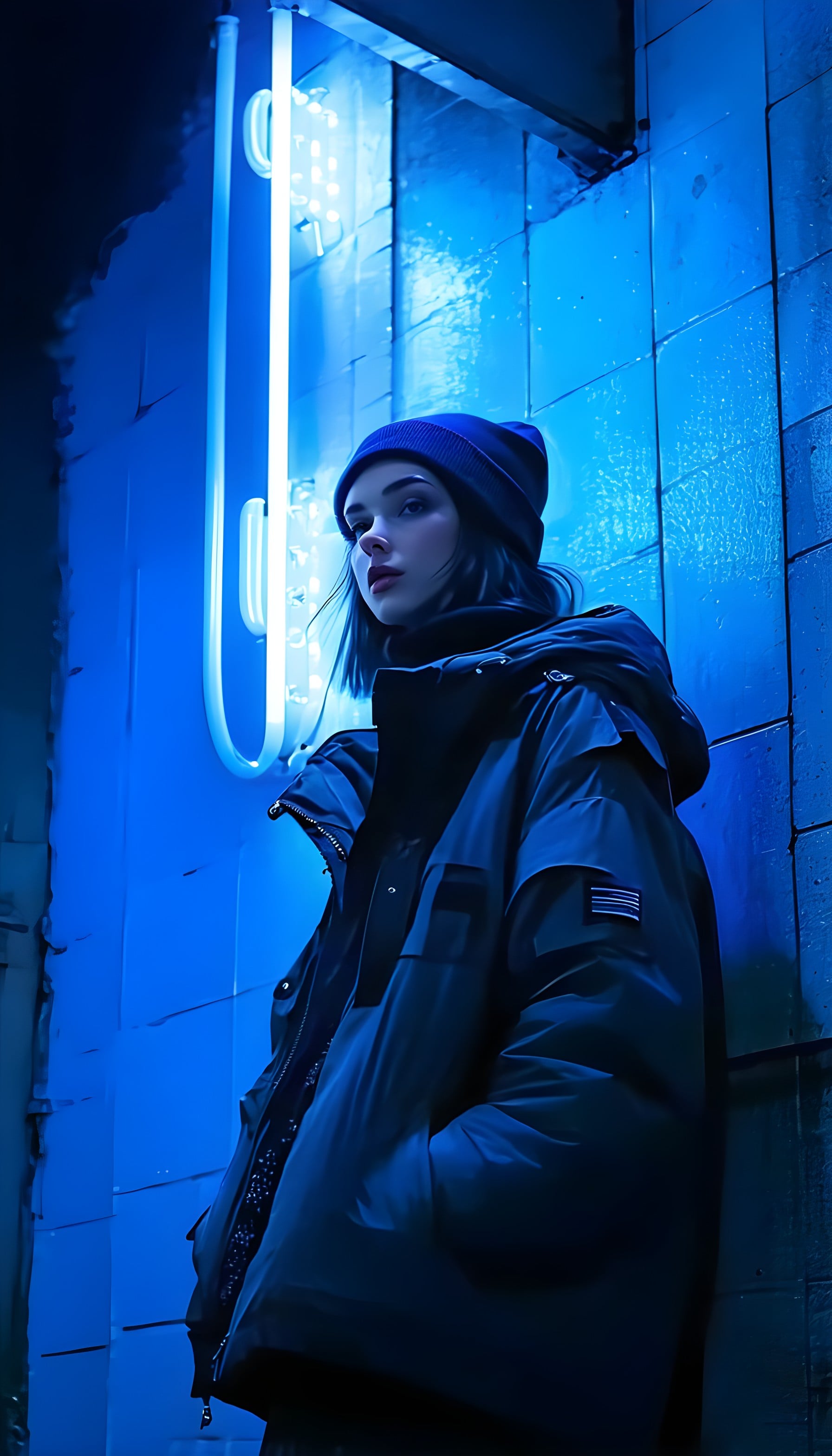 Neon Blue Cyberpunk Girl Aesthetic Phone Background, cyberpunk, neon blue, urban girl, aesthetic wallpaper, phone background, dark blue