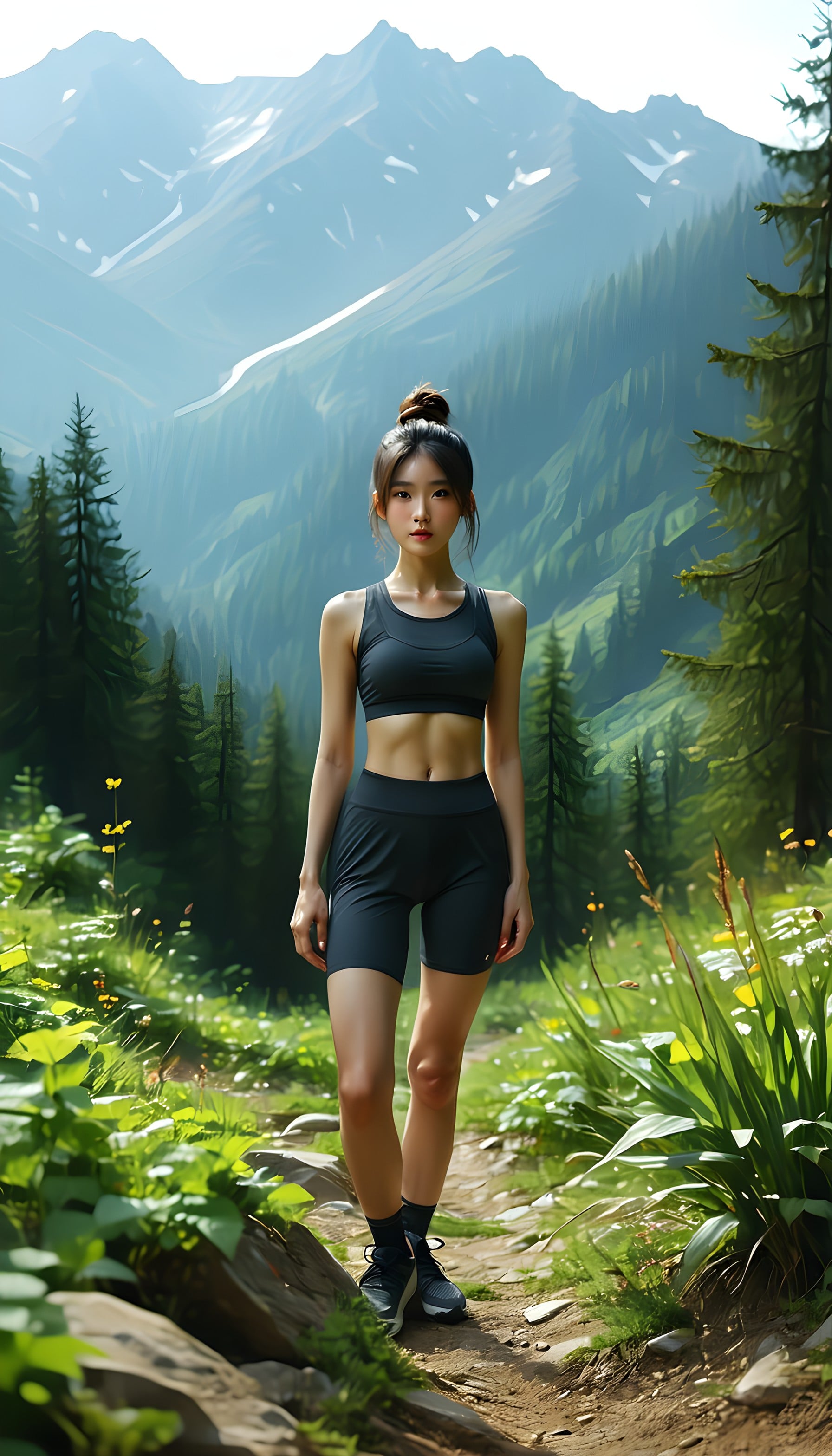 Fitness Girl Scenic Mountain Trail Wallpaper, woman, fitness, hiker, mountain, forest, nature