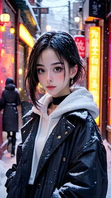 Kawaii Anime Girl in Snow-Kissed Neon City