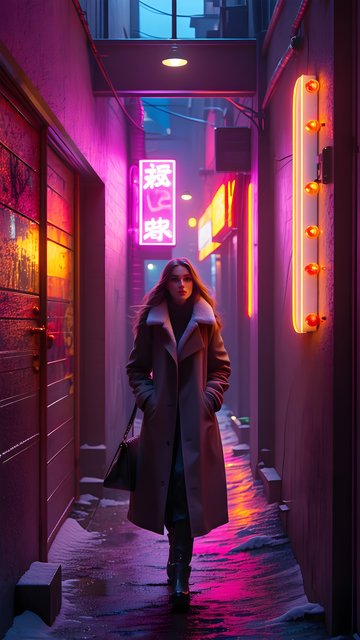 Neon Cyberpunk Alley Night with Woman Wallpaper