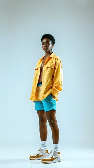 Vibrant Fashion Portrait: Woman in Yellow Shirt & Blue Shorts