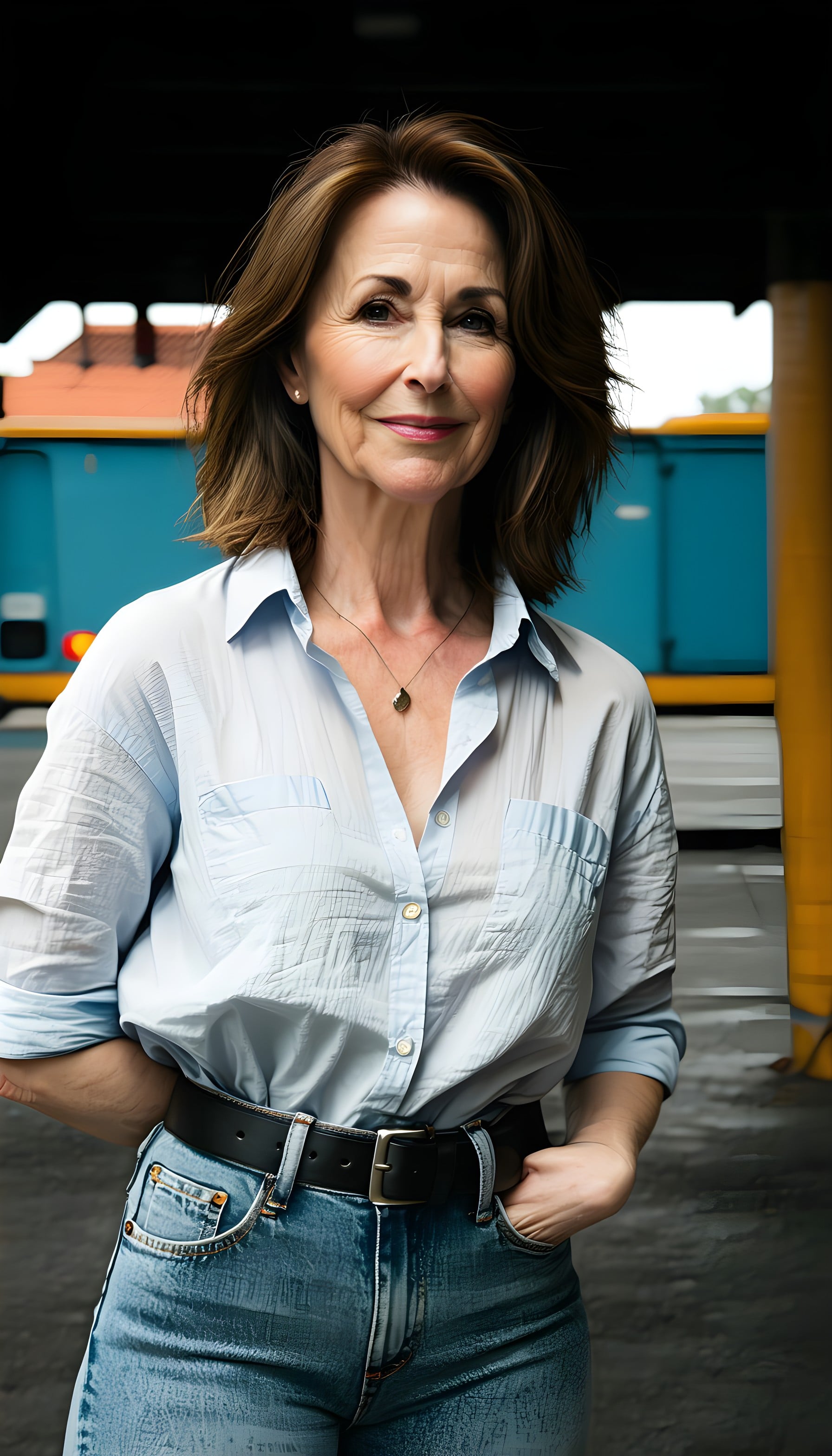 Smiling Woman in Blue Shirt & Denim Portrait, woman, portrait, casual fashion, blue shirt, denim, smiling