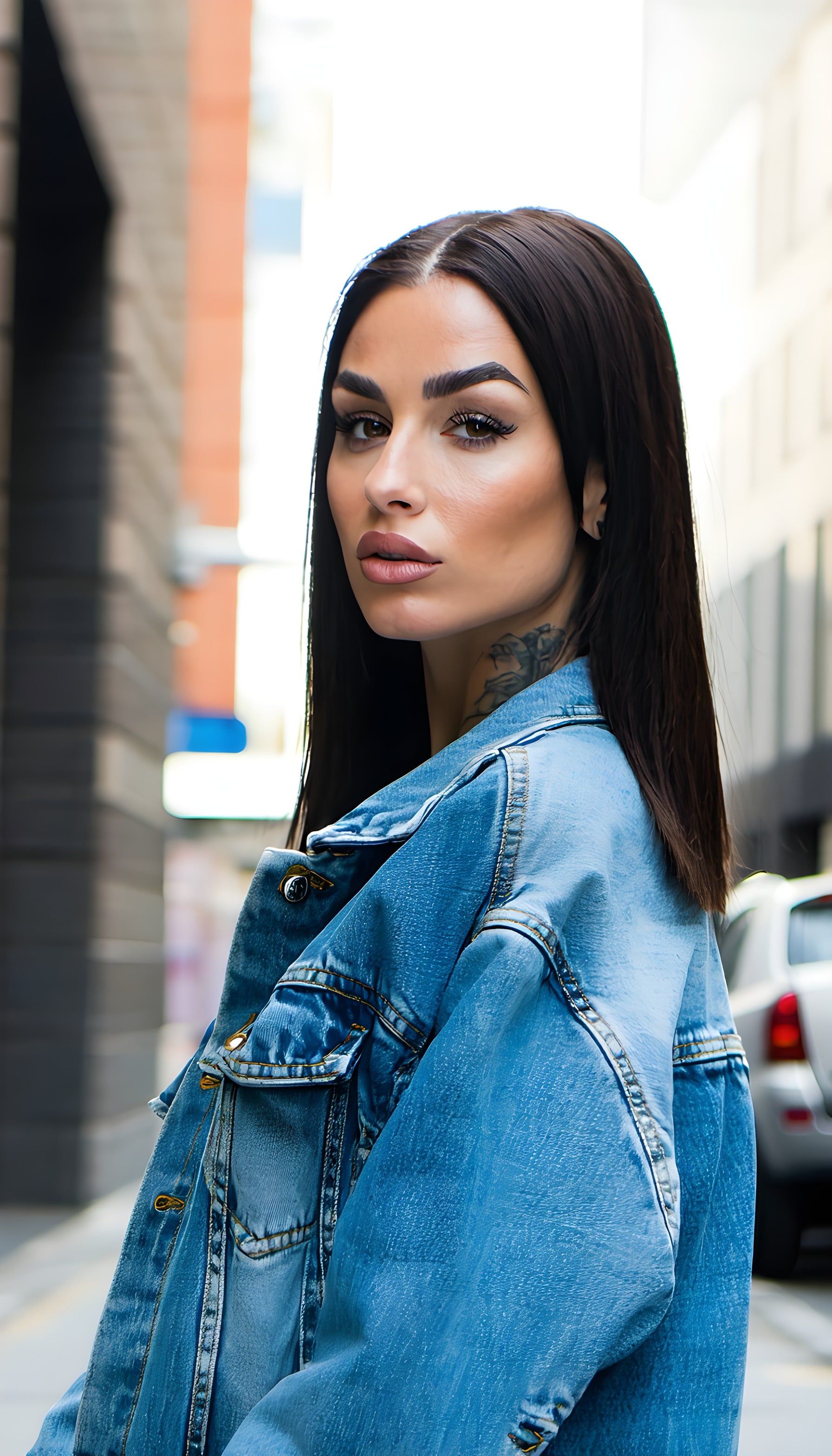 Stylish Woman in Denim Jacket Urban Portrait Wallpaper, woman, portrait, denim jacket, street style, urban fashion, stylish