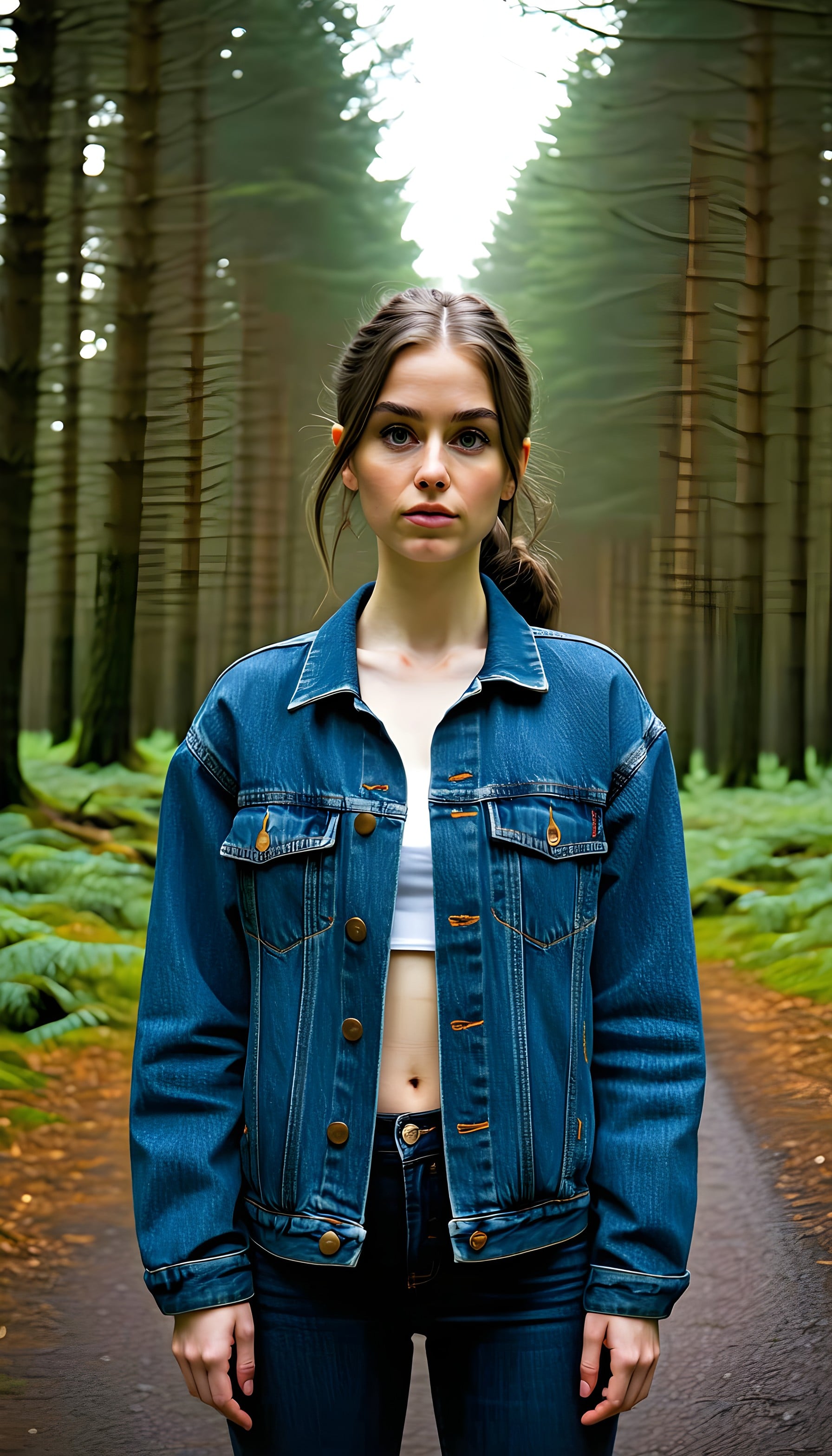 Woman in Denim Jacket on Serene Forest Path, woman, forest, nature, denim, portrait, green