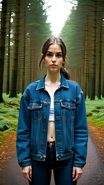 Woman in Denim Jacket on Serene Forest Path