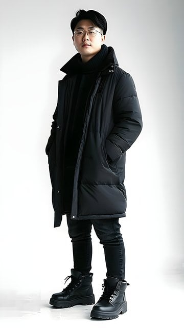 Minimalist Man in Black Puffer Coat Studio Wallpaper