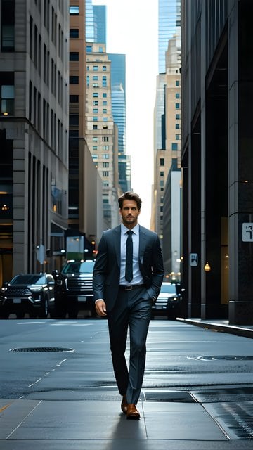 Confident Man in Suit Walking Urban Street