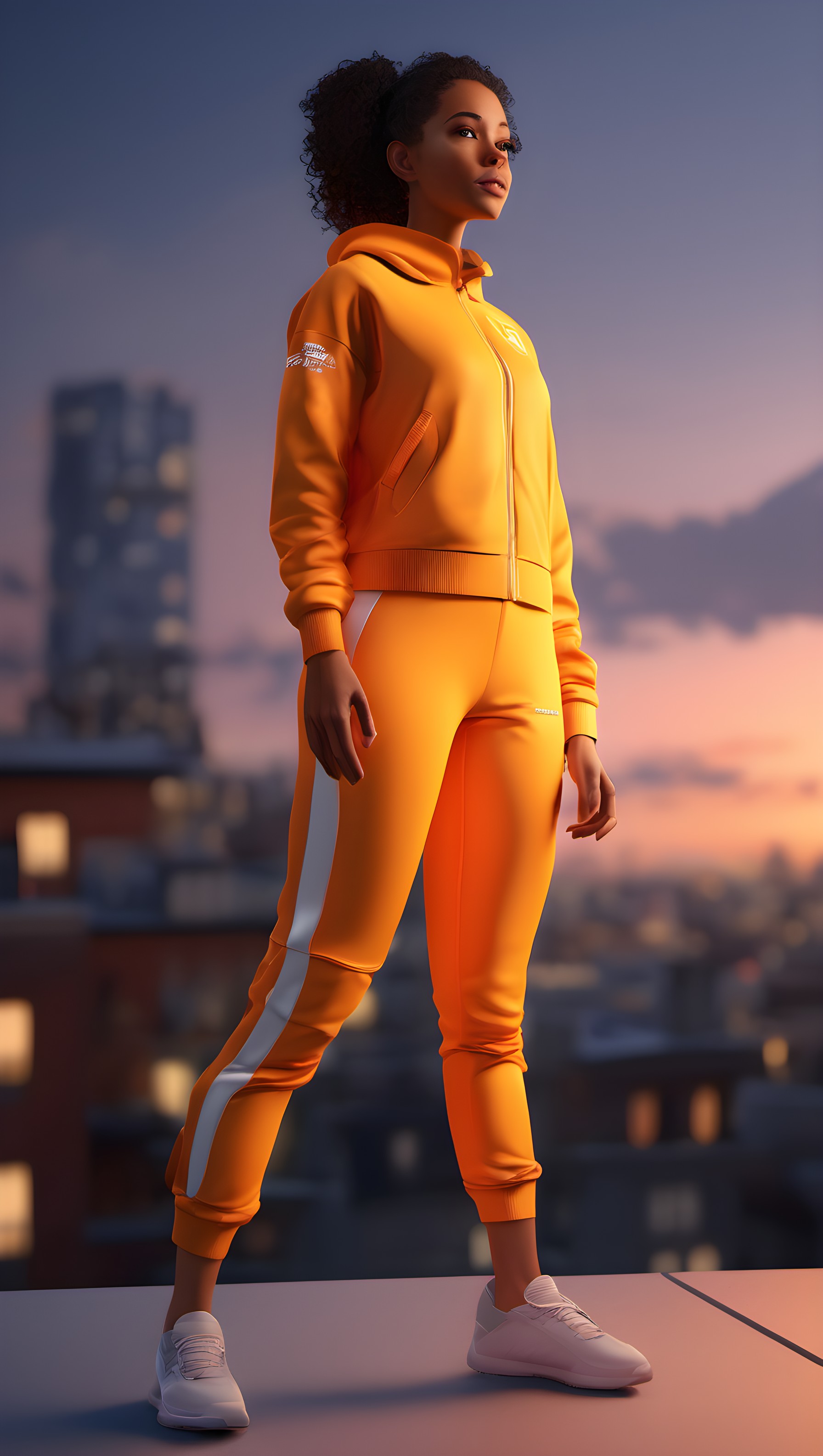 Dynamic Woman in Orange Tracksuit at Urban Sunset, woman, orange tracksuit, rooftop, urban sunset, cityscape, aesthetic wallpaper