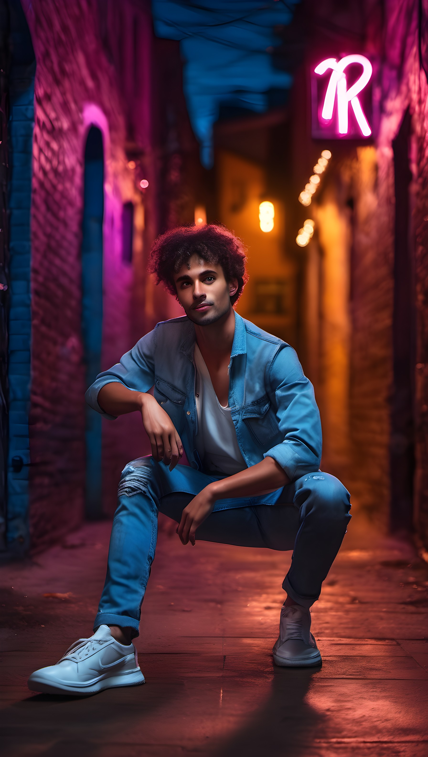 Stylish Man in Vibrant Neon Urban Alley at Night, man, urban, neon, street style, vibrant, pink and blue