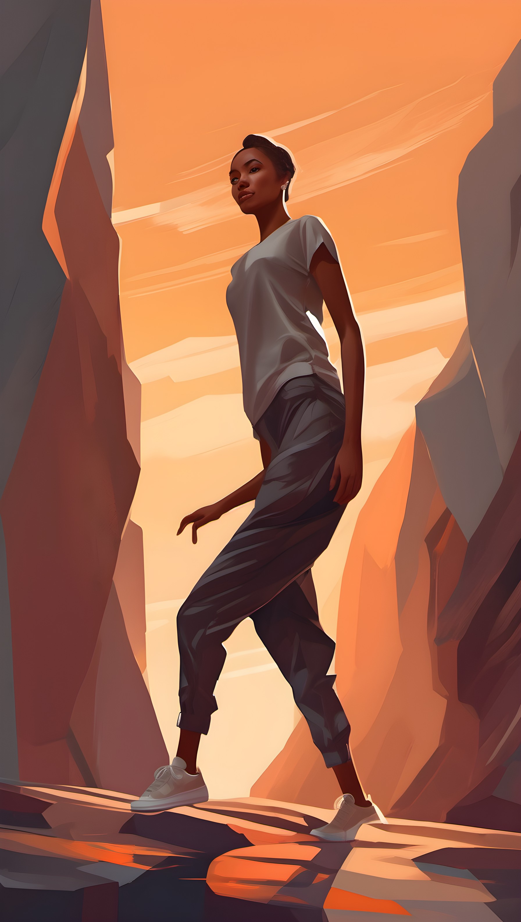 Golden Hour Canyon Walk with Determined Explorer, golden hour, canyon, explorer, desert landscape, digital art, warm tones