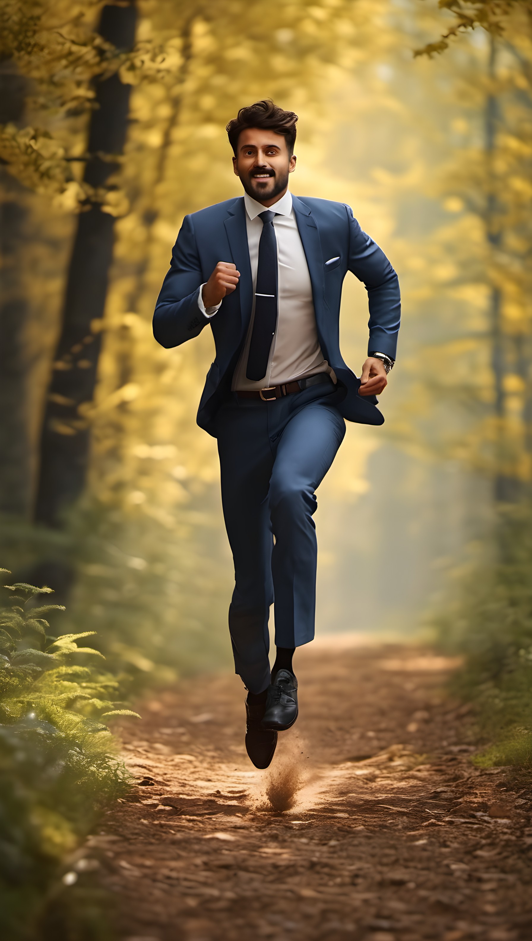Dynamic Businessman Running Through Golden Forest Path, businessman, running, suit, professional, motivation, success