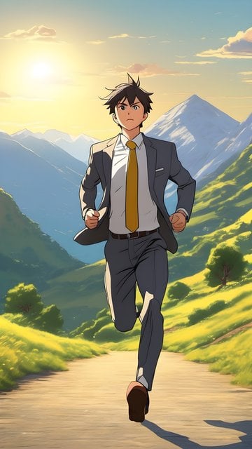 Anime Man Running in Suit at Mountain Sunrise Path