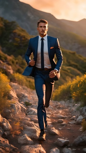 Dynamic Businessman Running Mountain Trail Golden Hour