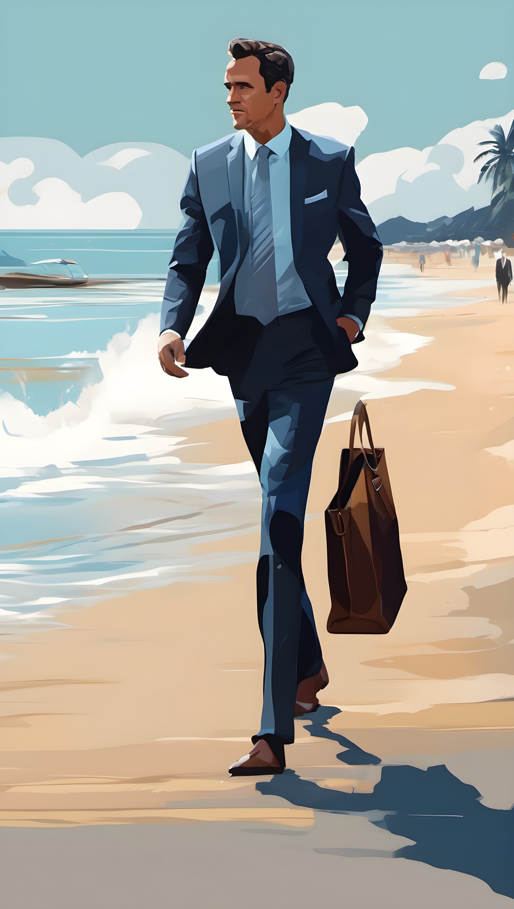 Stylish Man in Suit Walking on Beach Mobile Wallpaper, man, suit, beach, business, ocean, travel